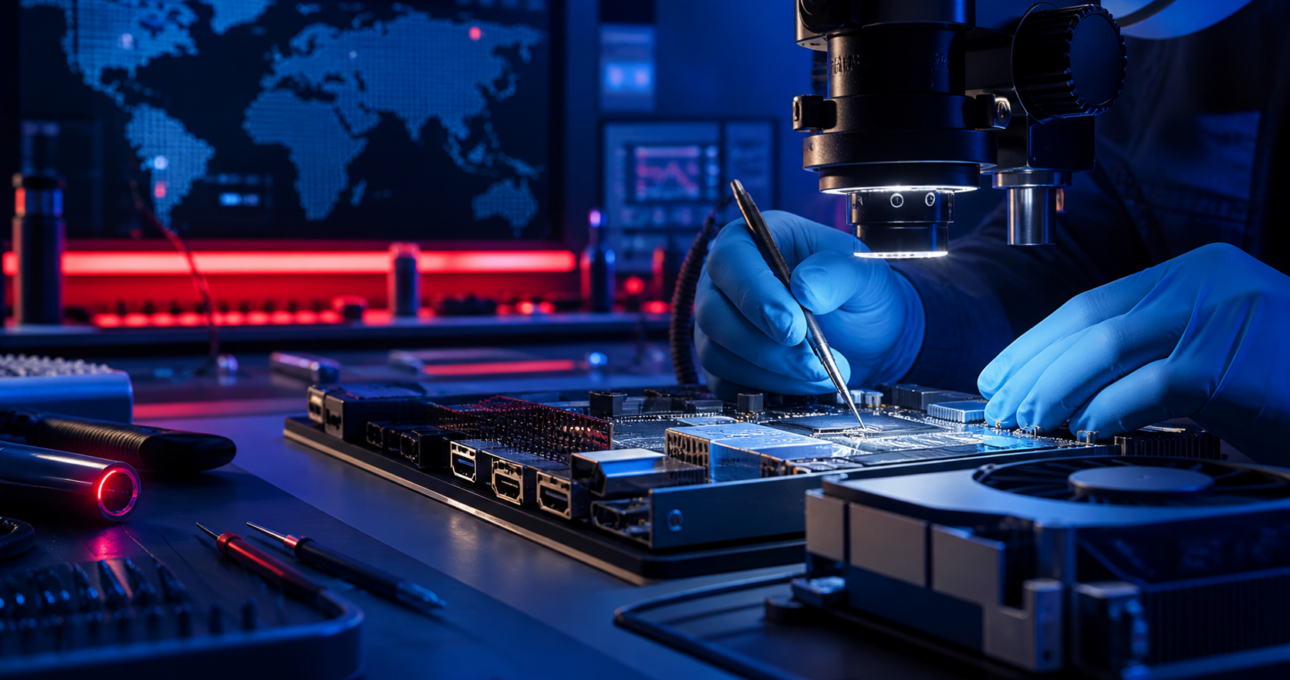 Professional technician diagnosing a game console motherboard in a modern repair laboratory