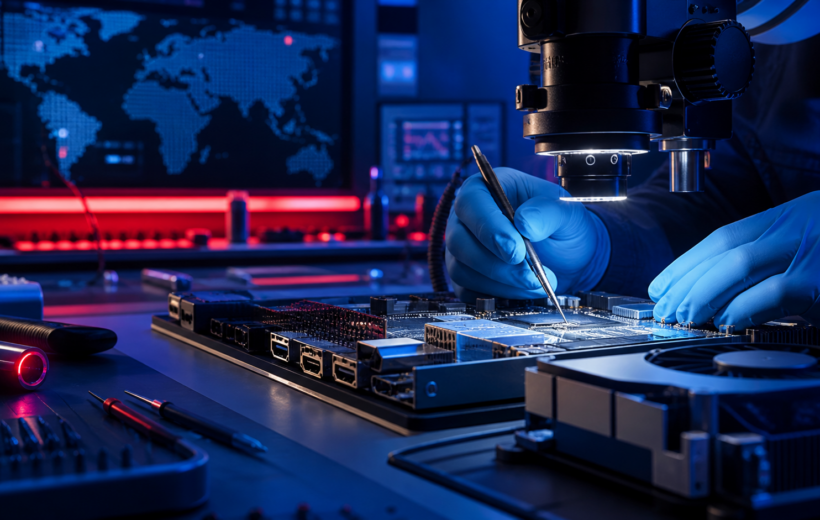 Professional technician diagnosing a game console motherboard in a modern repair laboratory