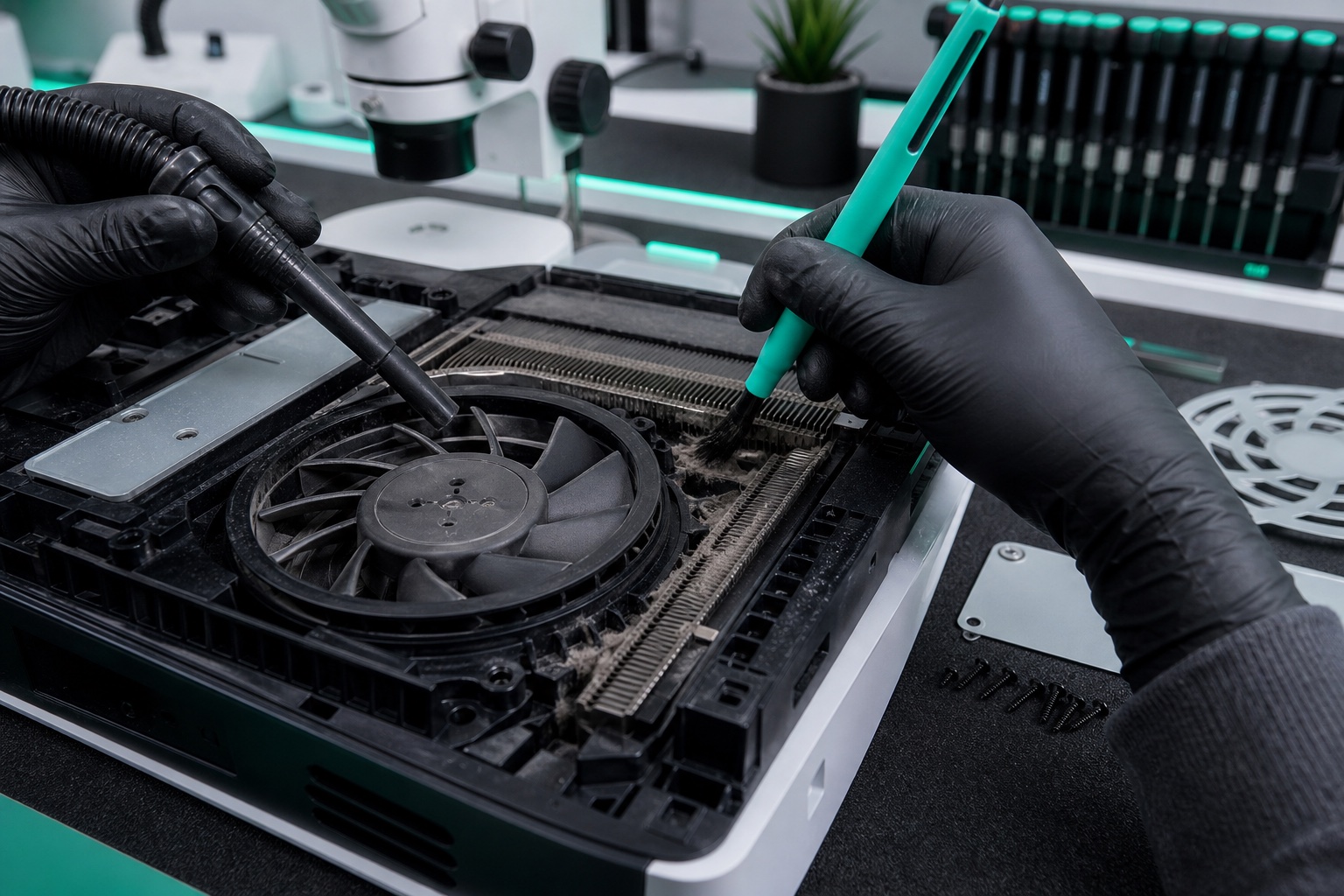 PS5 deep clean UK service removing dust from the cooling fan and heatsink