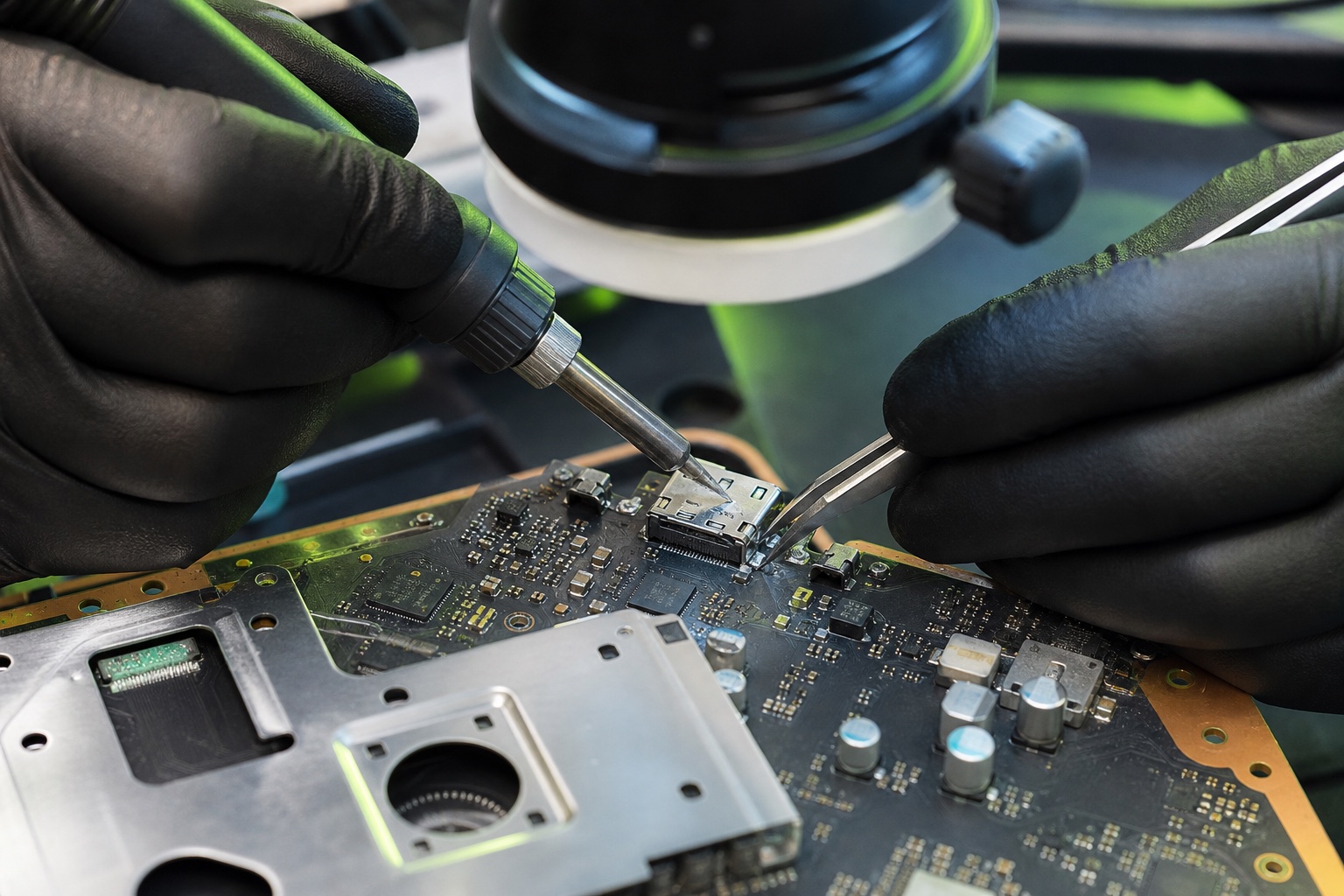 PS5 HDMI port microsoldering during professional board-level repair under a microscope